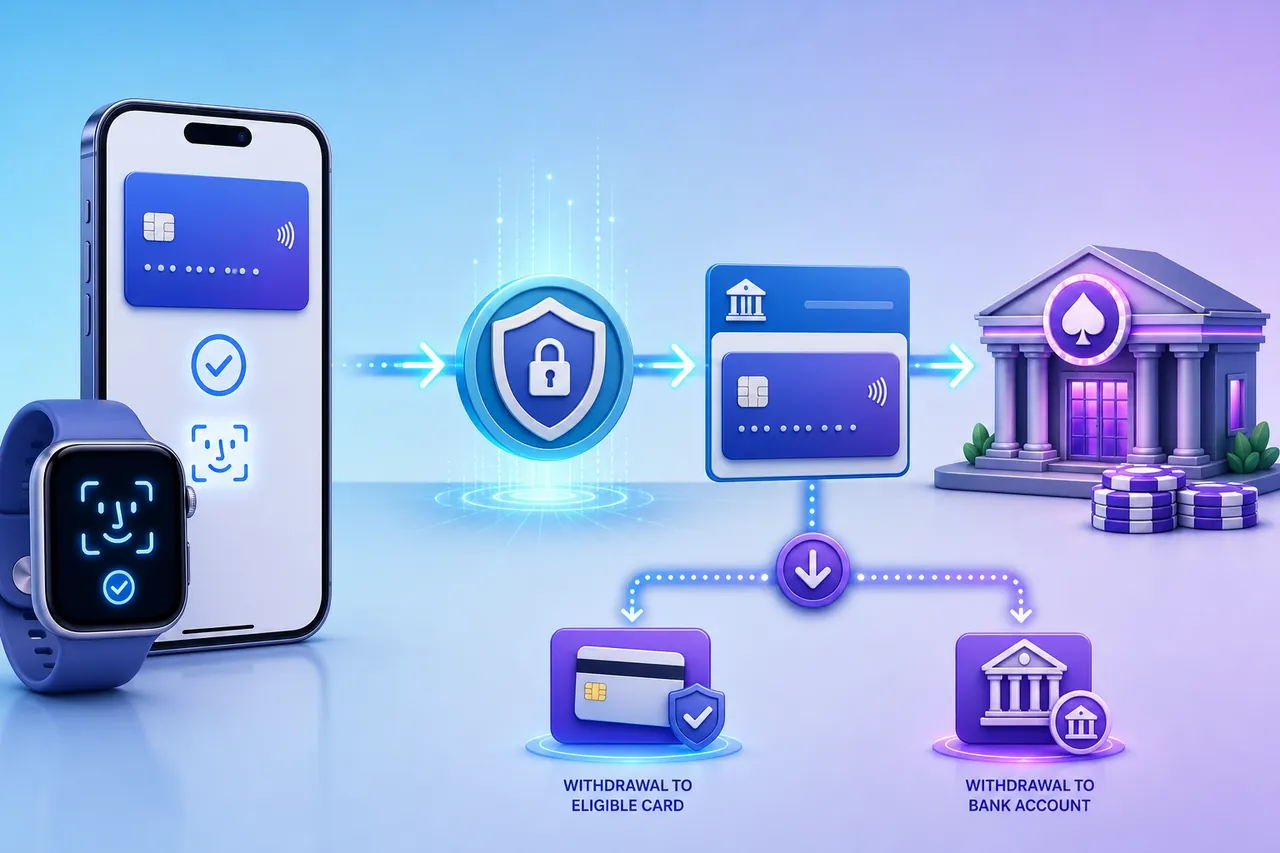 Apple device authorizing a tokenized casino card deposit with card and bank withdrawal branches