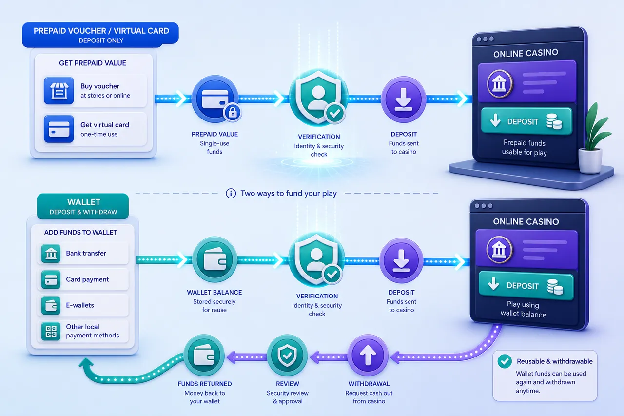 AstroPay casino route comparing wallet checkout, card use, legacy prepaid naming and a separate cashout path