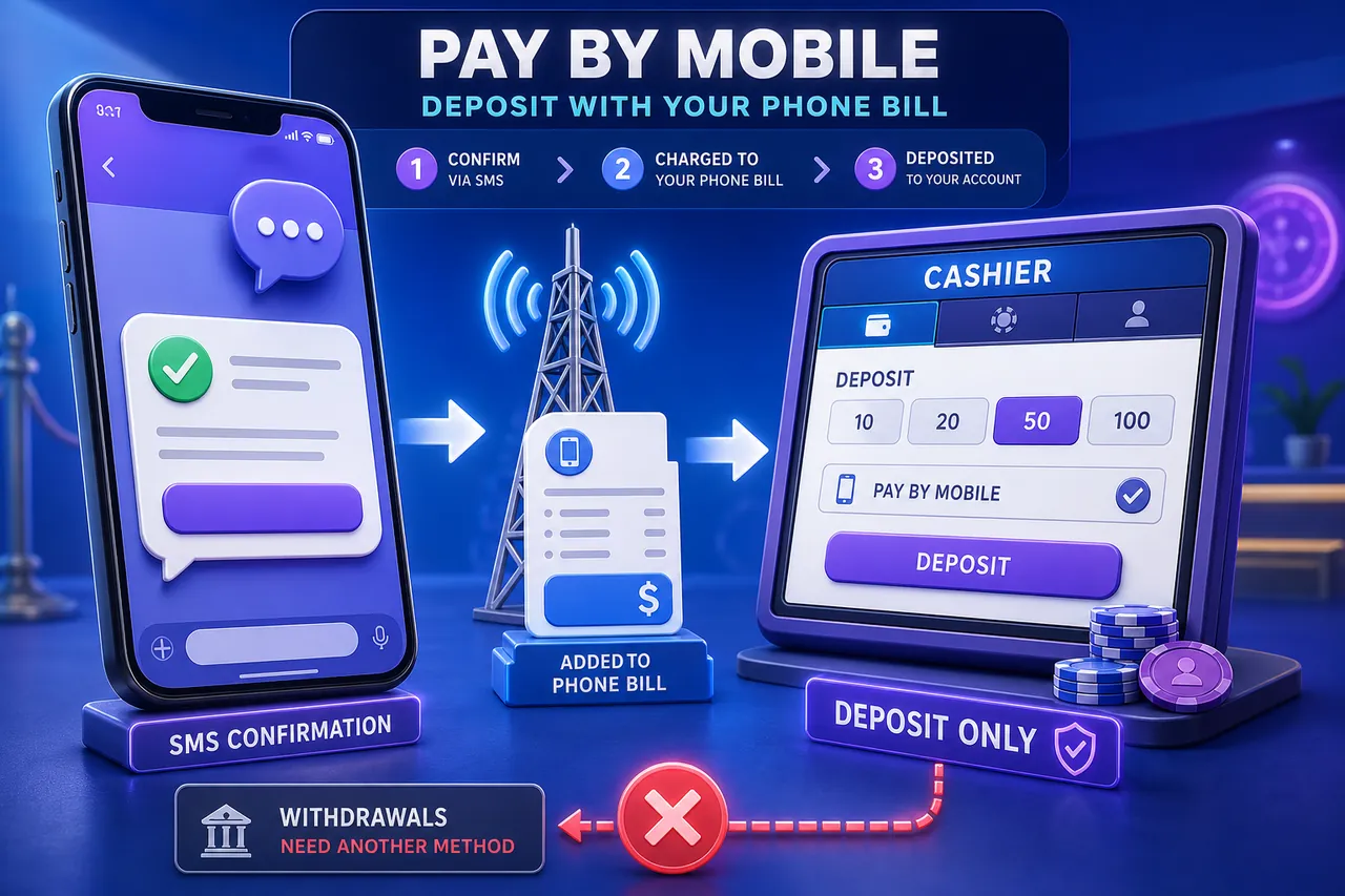 Pay by phone casino deposit confirmed by SMS and added to a mobile bill while withdrawals require another payment method