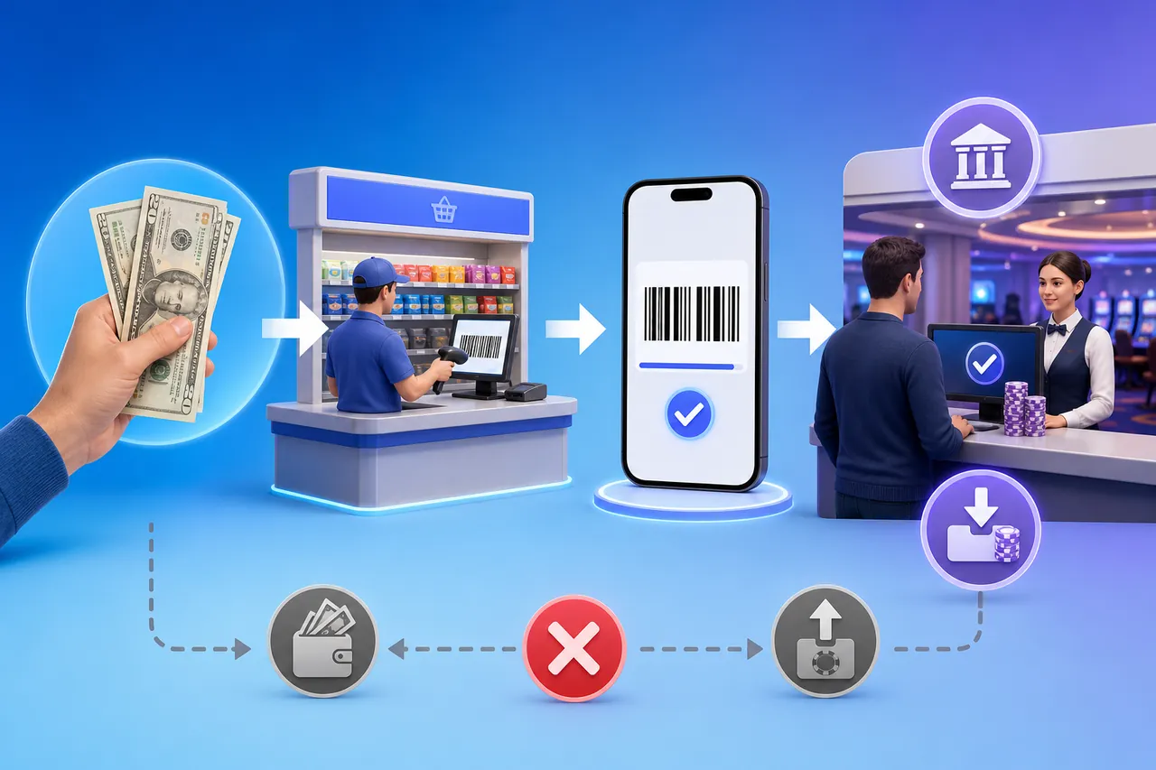 Cash converted to a retail barcode before reaching a casino cashier, followed by a separately verified payout route